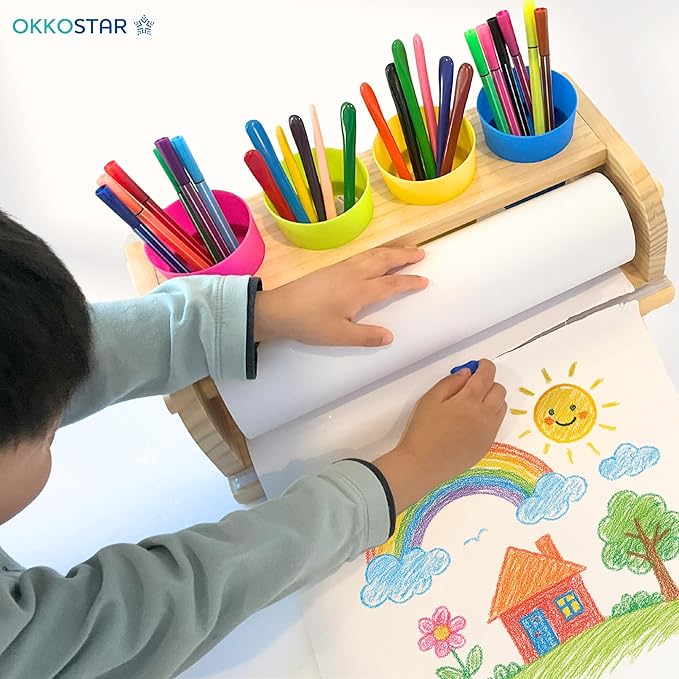 Wooden Tabletop Paper Roll Dispenser with Safety Sliding Cutter - Kids Art Easel with Roll of Paper (11.4”x 98.4ft)- Pencil Cups and Drawing Kit 30 Piece Set (Safety Sliding Cutter)