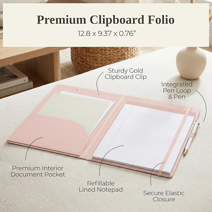 Aesthetic Clipboard Folio with Refillable Lined Notepad & Interior Pocket – Cute Padfolio/Legal Pad Holder for Women – Easily Organize Notes at Work, School, or Home