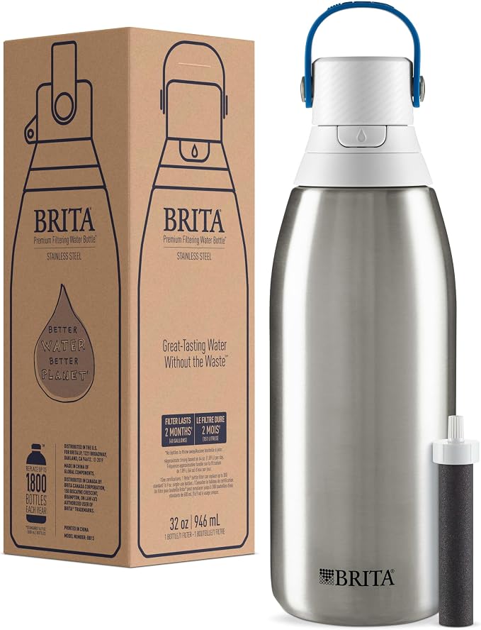 Brita Stainless Steel Premium Filtering Water Bottle,BPA-Free,Reusable,Insulated,Replaces 300 Plastic Water Bottles,Filter Lasts 2 Months or 40 Gallons,Includes 1 Filter, Stainless 32 oz(Pack of 12)