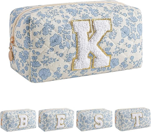 JOVAKIT Alphabet Makeup Bag Cosmetic Bag for Women, Christmas Gifts for Girls Age 6-18, Floral Flowers Coquette Travel Toiletry Zipper Make Up Pouch Organizer Trendy Stuff (Blue Floral K)