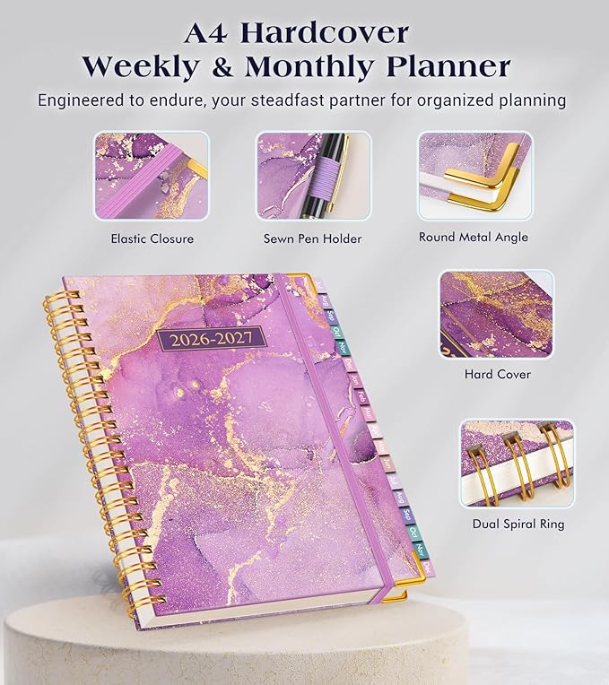 Academic Planner 2026-2027, 18 Months Weekly and Monthly Hardcover Planner, July 2026 - December 2027, 8.5" x 11" A4 Large Daily Calendar Planner Book with Tabs, Spiral College School Agenda Organizer for Student Teacher, Purple Marble