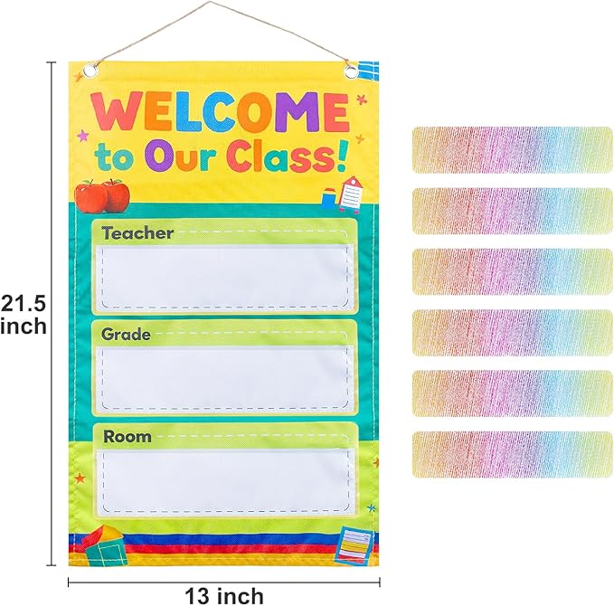 Welcome to Our Classroom Sign, Classroom Door Signs, Teacher Door Sign, Classroom Door Hangers, Transparent Pockets with 6 Cards, Gift for Teacher, Back to School Decoration, 21.5" x 11"