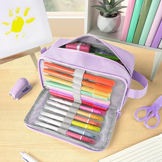 Sooez Original High Capacity Pencil Case, Big Pencil Bag Pouch Box Organizer Pen Case, Aesthetic Supply for Girls Adults, Portable Journaling Supplies with Easy Grip Handle & Loop, Purple