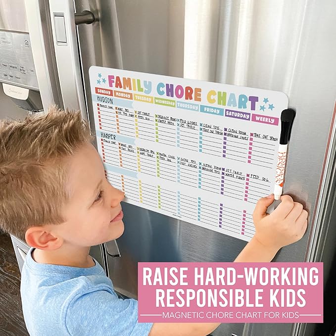 Hadley Designs Magnetic Chore Chart for Kids Multiple - Chores Board for Refrigerator, Dry Erase Task Chart for 2 Kids Daily Behavior, Family Weekly Planner for Teen and Adults, Stars Chore Board
