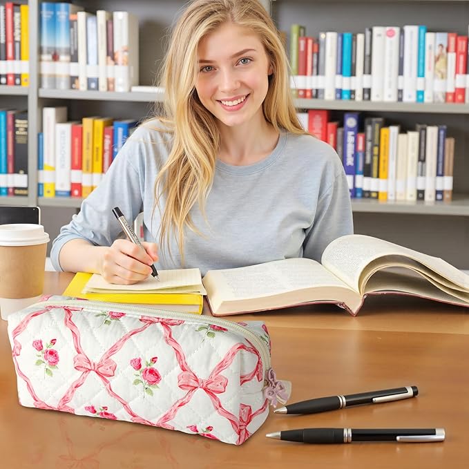 Cute Quilted Pencil Case for Girls Women, Aesthetic Small Floral Pencil Pouch,Slim Soft Pencil Bag for School Supplies Makeup Pouch for School & Daily Use (pink bow)