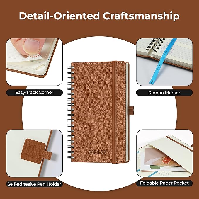 Planner 2026-2027 Daily Weekly and Monthly,6.5"x3.75",18 Months Spiral Bound Calendar Agenda with Self-adhesive Pen Holder,2026 Academic Plan with Vegan Leather Soft Cover,Brown