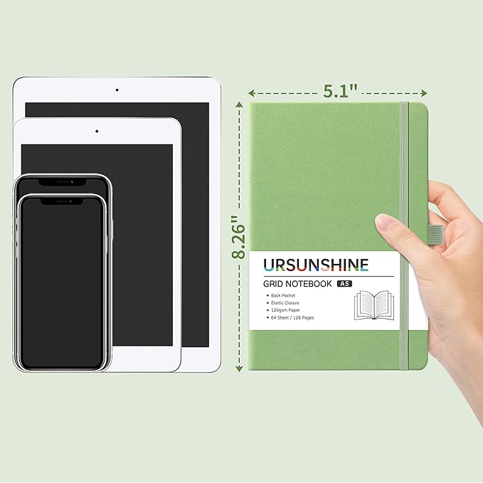 Graph Grid Paper Notebook/Journal - Classic Journal/Notebook with Ribbon Divider, Hardcover with Thick Paper, 5.3" x 8.26", Banded + Pen Holder +Inner Pocket - Light Green