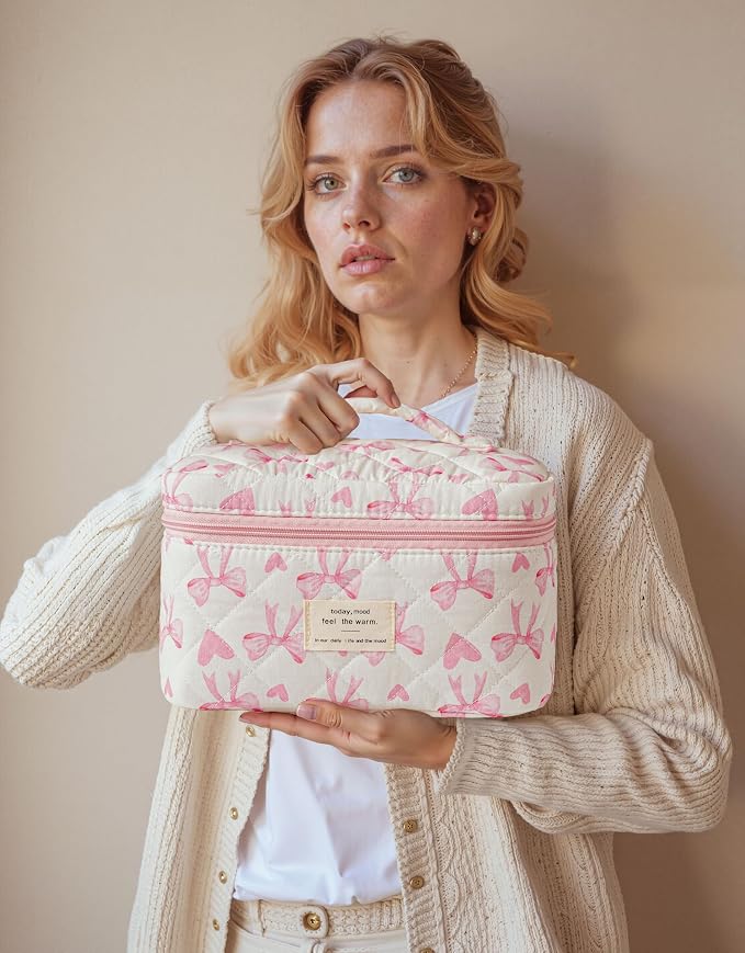 HBselect Quilted Makeup Bag, 3Pcs Cotton Large Travel Makeup Bags Organizer | Cute Floral Make up Bag Cosmetic Bag Toiletry Bag for Women Girls, Makeup Pouch for Skincare, Brushes & Travel Essentials
