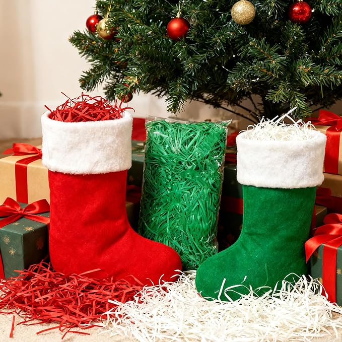Raffia Paper Shreds, 300g Shredded Paper for Gift Box, Christmas Shred Filler for Gift Wrapping & Basket Filling(Red, white, green)