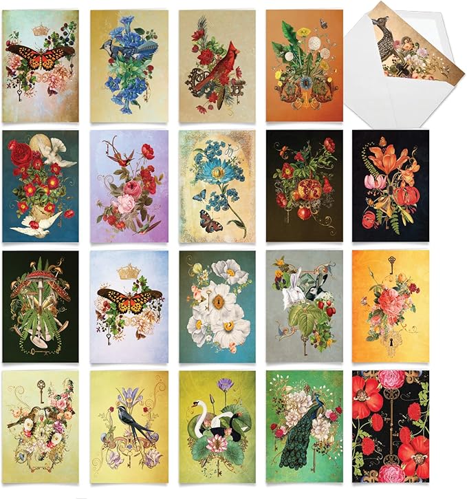 The Best Card Company - 20 Assorted Blank Notes Boxed Set 4 x 5.12 Inch with Envelopes (20 Designs, 1 Each) - Enchanted Garden AM10219OCB-B1x20