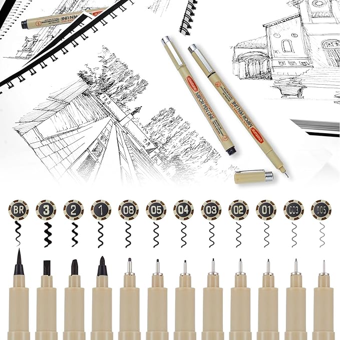 Micro Fineliner Drawing Art Pens: 12 Black Fine Line Waterproof Ink Set Artist Supplies Archival Inking Markers Liner Professional Sketch Outline Anime Sketching Artist Illustration Watercolor