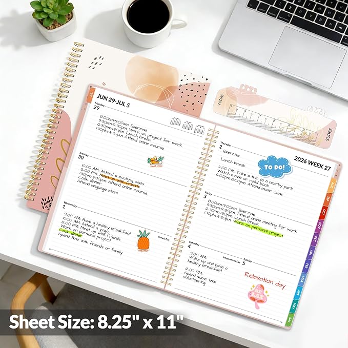 SUNEE Academic Planner 2026-2027 – Weekly & Monthly Planner, July 2026 to June 2027, 8.5"x11", Thick Paper, Tabs, Pockets, Bookmark, Spiral-Bound, Student Teacher Organizer, Blushing Abstract Breeze