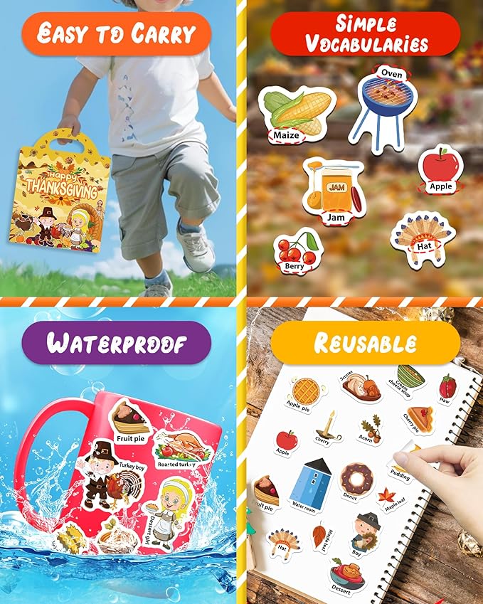 Benresive Reusable Sticker Book for Toddlers, Stickers for Kids, Travel Toys for Arts & Crafts Activities, Birthday Gift for Boys & Girls, Thanksgiving Themes