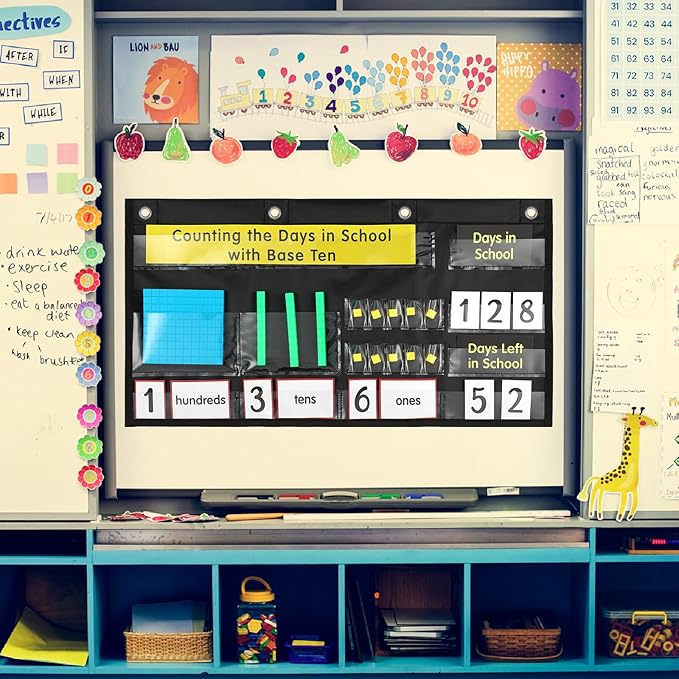 Resurhang Back to School Counting the Days with Base Ten Pocket Chart Place Value, Counting Caddie Pocket Chart for Classroom Bulletin Board School or Home Decor, 4 Hooks(Black,Classic Style)