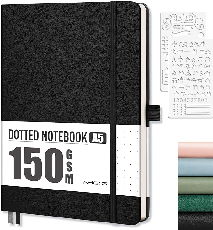 AHGXG Dotted Journal - 150 GSM Dot Grid Notebook Journal, Thick Acid-Free Paper, A5 Dotted Notebook 128 Pages, Leather Hardcover, Inner Pocket, Journal Stencil, 5.7'' × 8.3'', Black