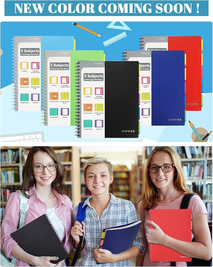 5 Subject Notebook, 2 Pack College Ruled Notebook with Storage Divider Pockets, Index Tabs, 11" Ruler, 200 Pages, for Writing Journal, School, Business, Office Supplies, A4, (2pcs Blue)