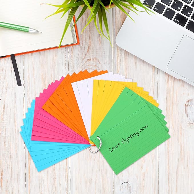 Leelosp 300 Pcs Colored Ruled Index Cards with 6 Rings 180 Gsm Thick Neon Color Study Flash Cards Single Hole Punched Lined Flashcards Studying Notecards One Side for Study(4 x 6 in,Fresh Color)