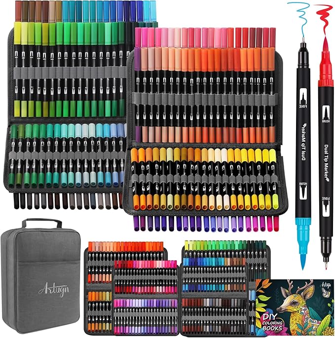 Artugn Dual Markers Brush Pens for Adult Coloring Books, 168 Colors Art Marker Set with Fine & Brush Tip Pen for Bullet Journaling, Coloring, Drawing, Hand Lettering, Calligraphy, Art Supplies