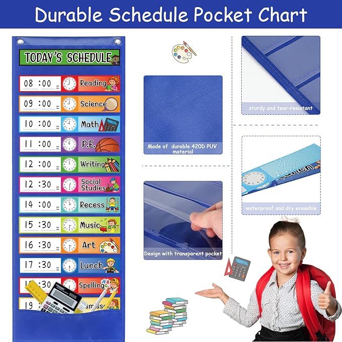 Daily Schedule Pocket Chart Kit,40 Bright Attractive Double-Sided Reusable Erasable Cards,1 Title Card,13+1 Scheduling Pocket Chart with 2 Hangers for Classroom Office Home Preschool Learning (Blue)