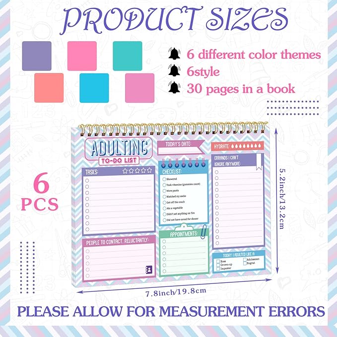Glenmal 6 Pack to Do List Notepad Undated to Do List Notebook Daily Planner Notepad 180 Sheets for Adult Student Office School Home Supplies 7.8 x 5.2 Inch(Adorable,Adorable Color)