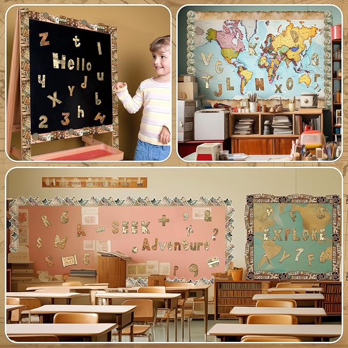 221 Pcs Travel Around The World Bulletin Board Letters, Round Alphabet Number Punctuation Symbol Combo Letter Cutouts, Vintage Classroom Decor for School Chalkboard Poster Bulletin Board Wall
