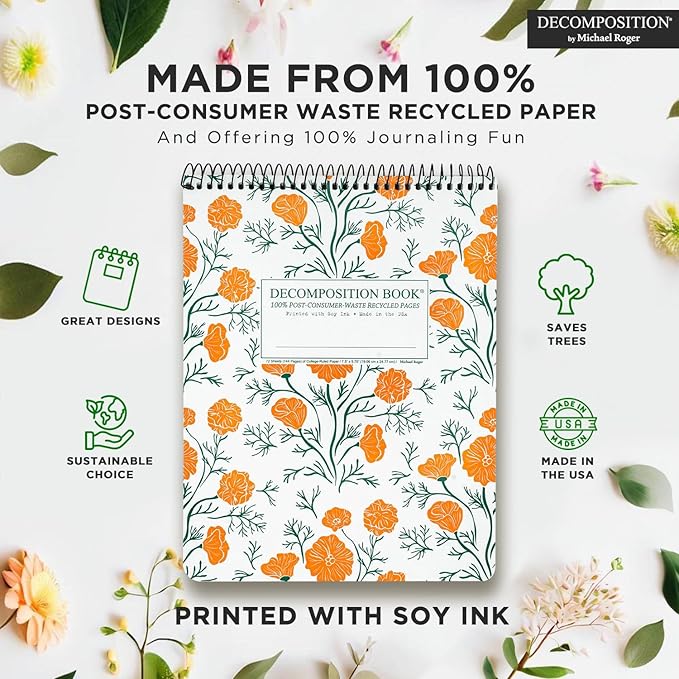 Decomposition Cali Poppies Top Bound Spiral Notebook – 7.5 x 9.75 Journal, College Ruled Lined Pages – Left-Handed Friendly Notebooks Ideal for Students, Artists & Office Professionals – Made in USA
