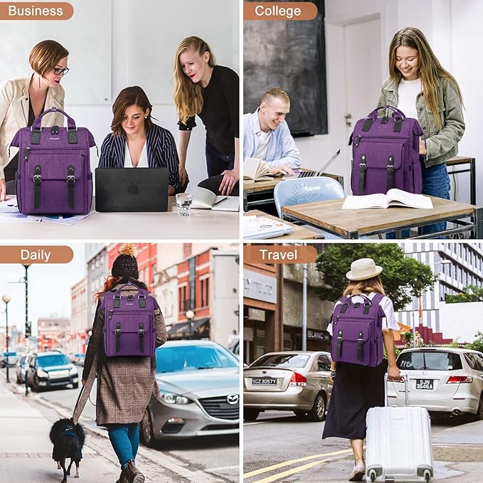 LOVEVOOK Laptop Backpack for Women Teacher Doctor Nurse Bags Work Backpack Purse Business Computer Bag, College Daypack, Anti-theft Travel Backpack with USB Charging Port, Dark Purple