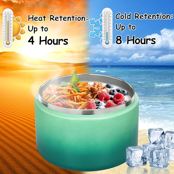 Pawtong 12oz Insulated Vacuum Food Jar with Buckle Lid Wide Mouth Soup Thermo for Hot Food Kids Leakproof Stainless Steel Lunch Container (Gradient Green, 12OZ)