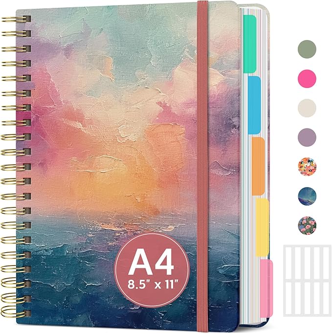 Large Spiral Lined Notebooks for Work with Removable Dividers & Tabs, 8.5"x11" Pretty Hardcover 5 Subject Notebook Journal for Women, College Ruled, Perfect for Study & Office Organization, 280 Pages,Sunset