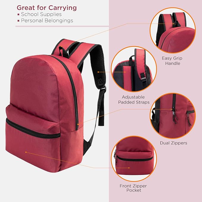 24-Pack 15" Backpacks for Kids - Bookbags in Bulk for Elementary, Middle, and High School Students, 6 Assorted Colors