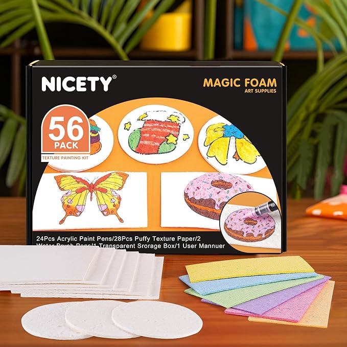 NICETY Magic Foam Texture Painting Kit, 56 Pack 3D Art Set with 24 Acrylic Paint Markers, 28 Puffy Texture Paper, 2 Water Brush Pens, Transparent Storage Box – Aqua Puffs Effect Magic Paint Set