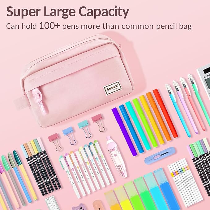 Sooez Original High Capacity Pencil Case, Big Pencil Bag Pouch Box Organizer Pen Case, Aesthetic Supply for Girls Adults, Portable Journaling Supplies with Easy Grip Handle & Loop, Pink