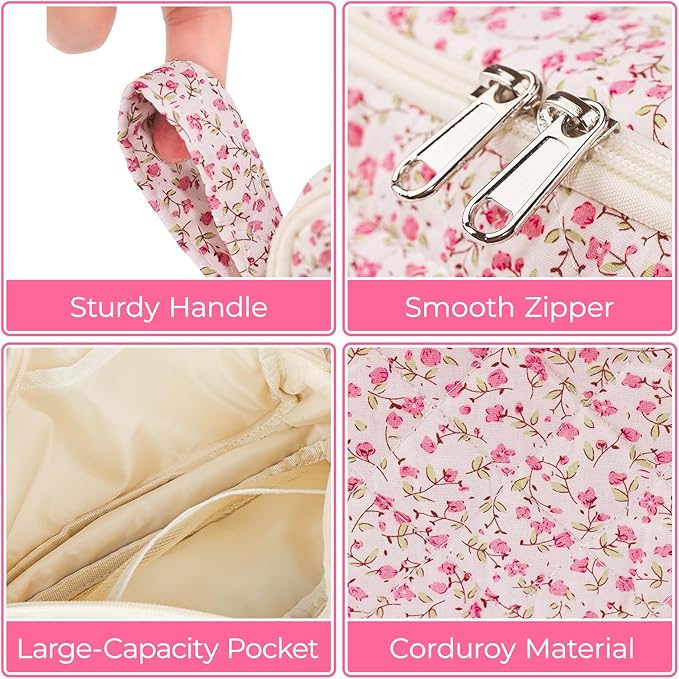 WOBAGMEN Quilted Pencil Pouch for Girls Women, Large Pencil Case Pouch with Compartments Cute Aesthetic Pencil Case Organizer, Floral Pencil Bag for School Supplies (pink floral)