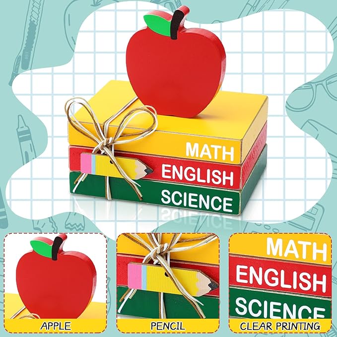 Pinkunn 4 Pcs Back to School Table Decorations, Wooden Apple Centerpiece Stacks Books Block Sign Apple Tiered Tray Decor for First Day of School Tabletop Teachers Gift for Office Classroom Desk Shelf