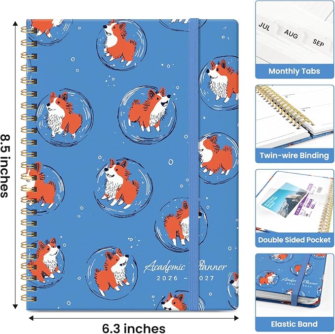 Planner 2026–2027, Weekly & Monthly Academic Organizer for School Year, Jul 2026–Jun 2027, Hardcover Planner with Tabs, Back to School Essential, 6.3" x 8.5", Cosmic Pups