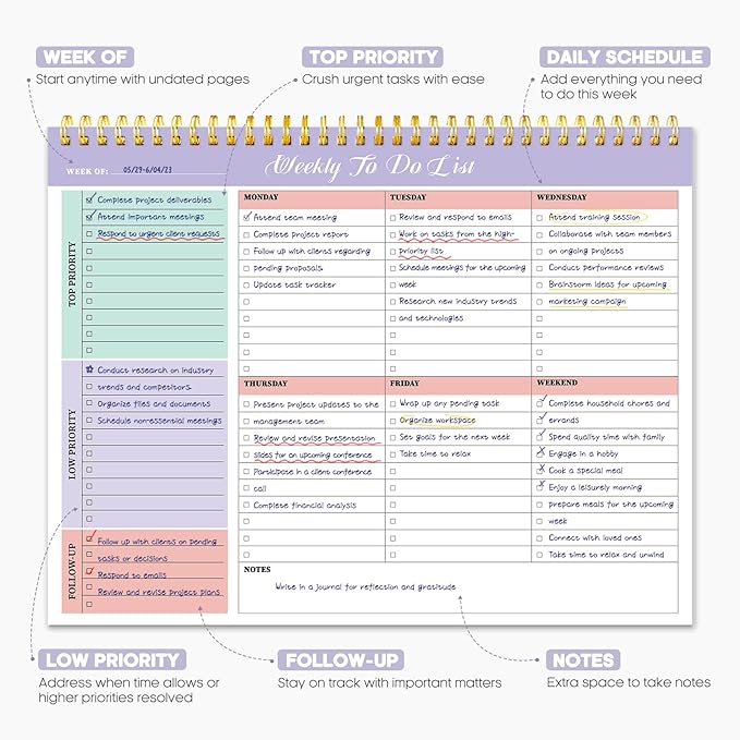 Taja 6 Pack of Weekly To Do List Notepad with 52 Undated Sheets（8.5"×11"）- Weekly Desk Planner for Women & Man, Work and Home - 6 Pack Multi