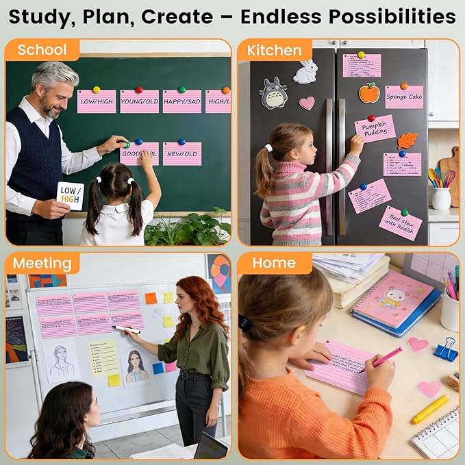 300 Count Index Cards 3 x 5 Inch Pink Flash Cards with Ring, Heavy Flashcards College Ruled Home Organization, Durable Study To Do List Note Cards with Ruled Lines for Office & School Supplies