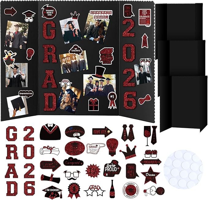 MiniInflat 4 Set 2026 Graduation Picture Trifold Poster Board Double-Sided Foldable Photo Display Board Graduation Decoration for Class of 2026 High School College DIY Craft(Burgundy,24 x 16 Inches)
