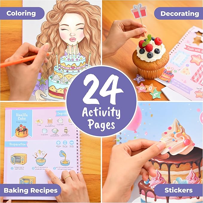 BSCOOL - Drawing, Coloring & Activity Book: Play and Bake with Stickers, Guides and Recipes. Dress Up Your Cake Design for Kids 5 and Up.Gift for Girls