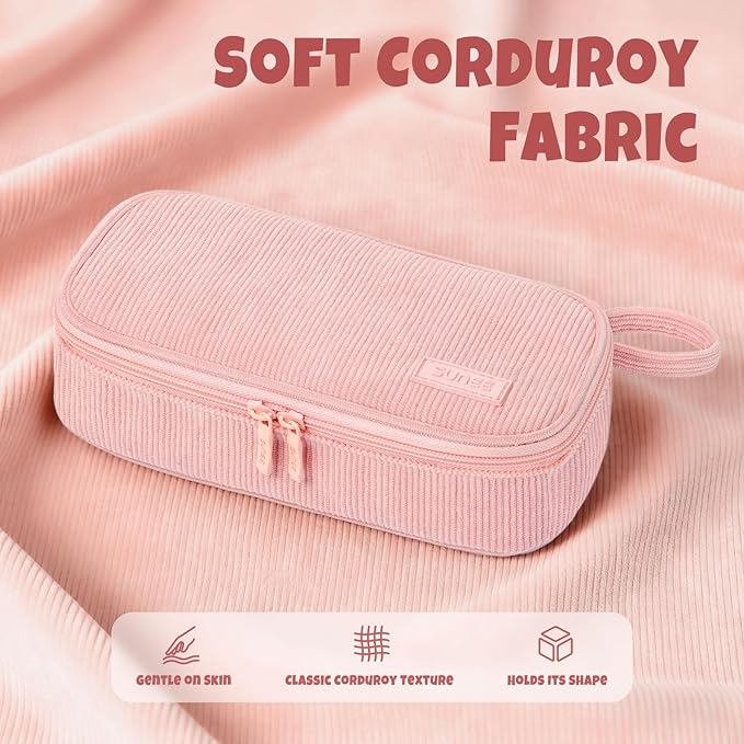 SUNEE Cute Pencil Case, Large Capacity Pencil Pouch Aesthetic Zipper Pencil Bag, Big Storage Pen Organizer for Stationery, Soft Corduroy Pencil Box Back to School Supplies for Teen Girls Boys, Pink