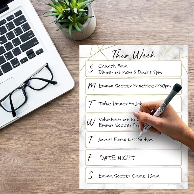 Dry Erase Weekly Calendar Planner Sticker Decal | Removable & Reusable | Magnetic Fine-Tip Marker Included (9 x 12 inches, Marble)