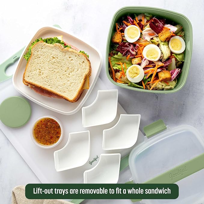Goodful Stackable Lunch Box Container, Bento Style Food Storage with Removeable Compartments for Sandwich, Snacks, Toppings & Dressing, Leak-Proof and Made without BPA, 56-Ounce, Sage (Pack of 12)