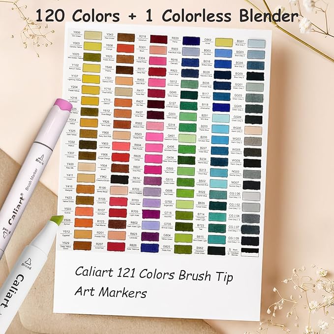 Caliart Alcohol Markers Brush Tip - 121 Colors Dual Tip Artists Coloring Markers Set Brush & Fine, with Case Permanent Alcohol Based Colored Sketch Pens, Art Supplies Gifts for Adults Drawing