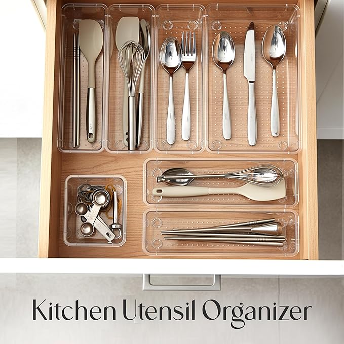 KICHLY 25 Piece Clear Drawer Organizer Set – Multi Size Storage Trays for Bathroom, Vanity, Makeup, Kitchen Utensils, Office & Bedroom - Office Desk Organizers & Caddy