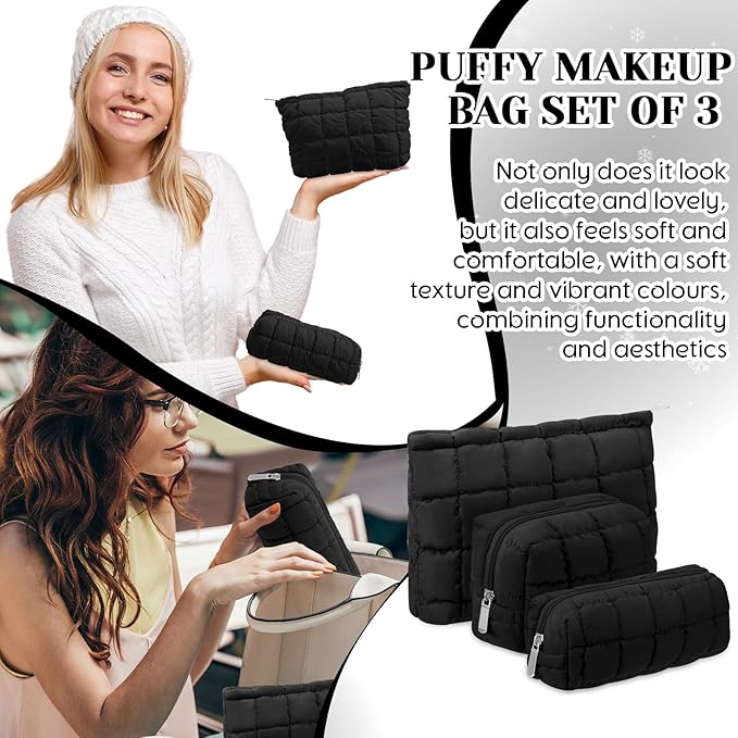 Huhumy 3 Pcs Puffy Makeup Bag Quilted Cosmetic Pouch for Women Cute Checkered Travel Toiletry Bag Puffer Makeup Organizer Purse Pouch Preppy Pencil Case with Zipper(Black)