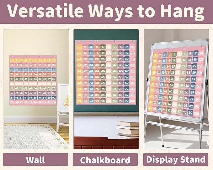 Yoink 100 Pockets Number Chart with 120 Double-Sided Number Cards, Boho Hundred Pocket Chart for Classroom Homeschool Teachers Kids Learning, Pink