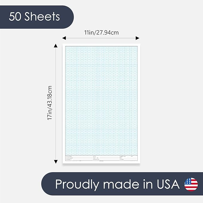GeekNavy 11" x 17" Isometric Graph Paper 50 Sheets Portrait - 0.25" Grid, Non-photo Blue, High Brightness, Drafting, Engineering, Art, 3D Design (1-Pack)