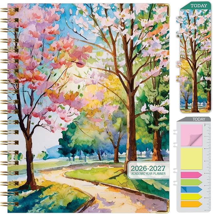 HARDCOVER Academic Year 2026-2027 Planner: 14 Months (May 2026 Through June 2027) 8.5"x 11" Daily Weekly Monthly Planner Yearly Agenda. Bookmark, Pocket Folder and Sticky Note Set (Watercolor Tree)