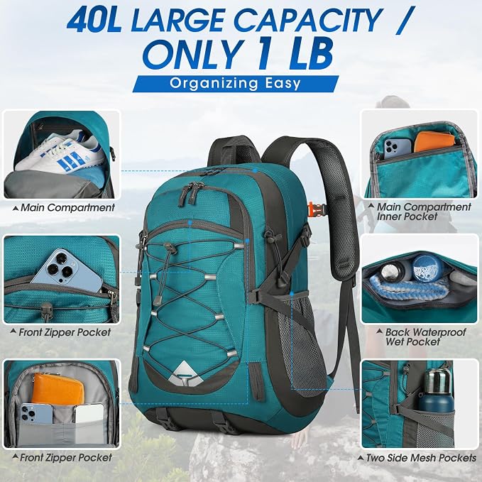 IGOLUMON Hiking Backpack 40L Packable Lightweight Camping Daypack Men Women | Multi-compartment storage Water-resistant Foldable Nylon Material Hiking Day pack for Camping Cycling Outdoor