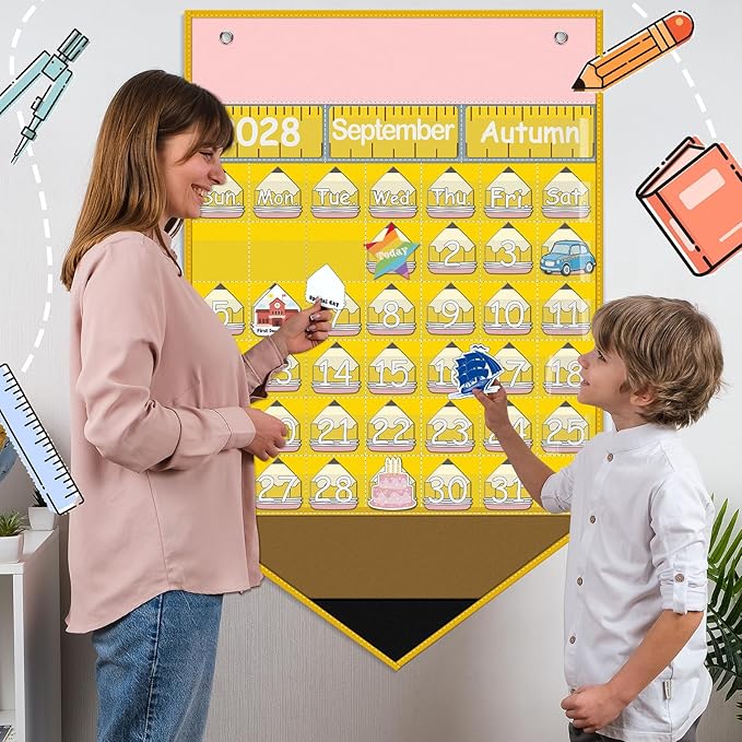 Feifeiya Pencil Calendar Pocket Chart with 82 Activity Cards Classroom Learning Circle Time Calendar Teacher Daily Schedule Pocket Chart for Classroom Homeschool Preschool Office Supplies